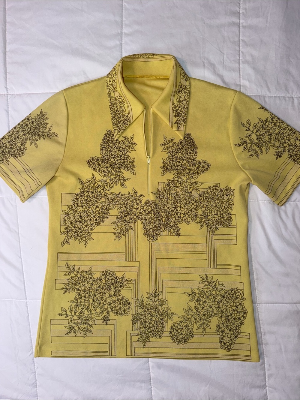 Vintage 70s Shirt Mens M / L Yellow Brown Floral Dagger Collar Hawaiian Retro - Picture 2 of 10